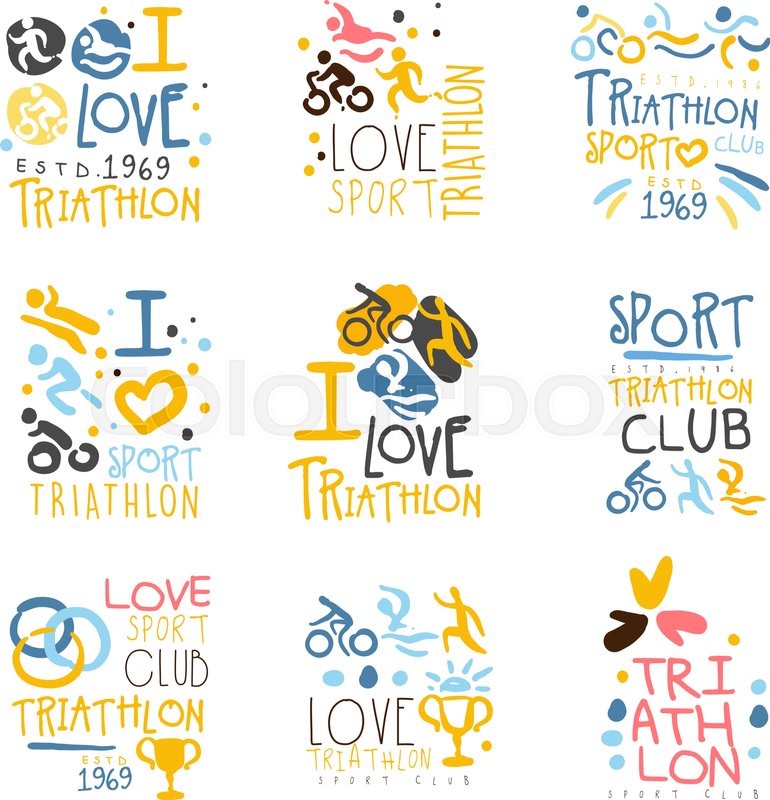triathlon supporters and fans club for people that love sport set of colorful promo sign design templates bright color promotional vector labels with text