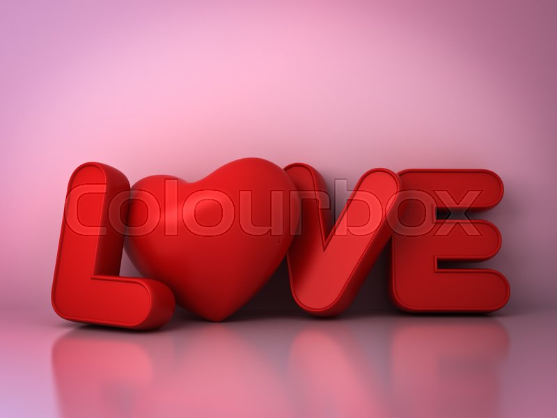 3d red love word concept with heart on stock image heart on word