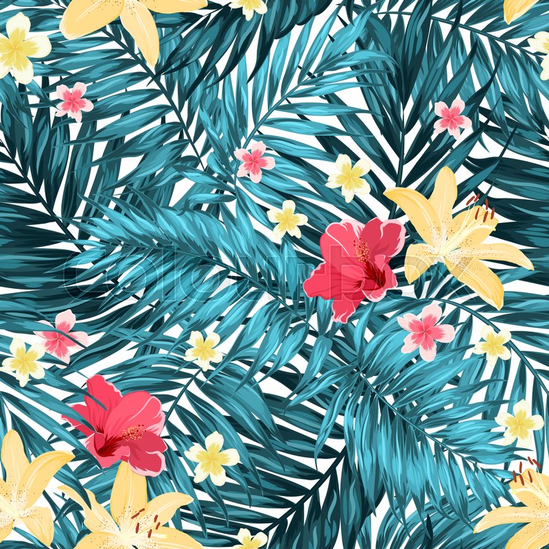 Seamless Tropical Jungle Palm Leaves Pattern With Lily Hibiscus And Awesome Tropical Leaves Pattern Seamless Tropical Jungle Palm Leaves Pattern With Lily Hibiscus And Awesome Tropical Leaves Pattern