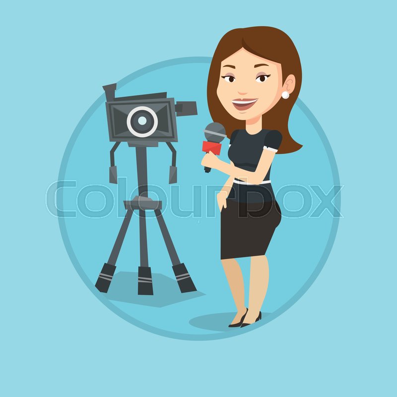 Reporter With Microphone Standing On The Background Camera TV Presenting News Transmission Vector Flat Design Reporter With Microphone Standing On The Background Camera TV Presenting News Transmission Vector Flat Design