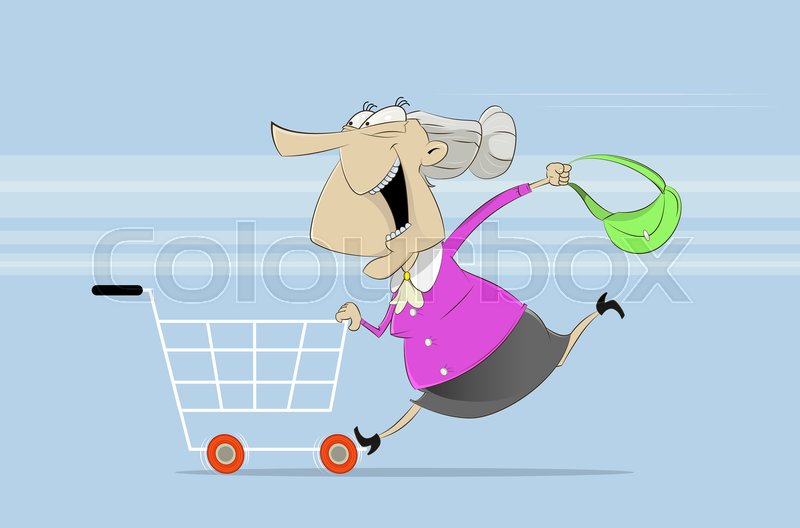 Fun old woman rides on shopping cart. Stock vector Colourbox