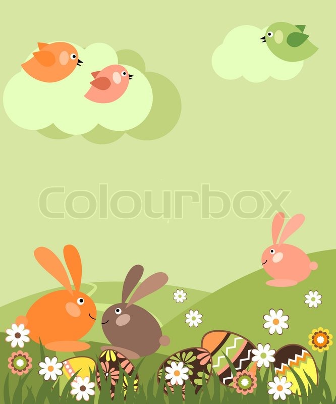 spring easter landscape with eggs and rabbits stock vector colourbox