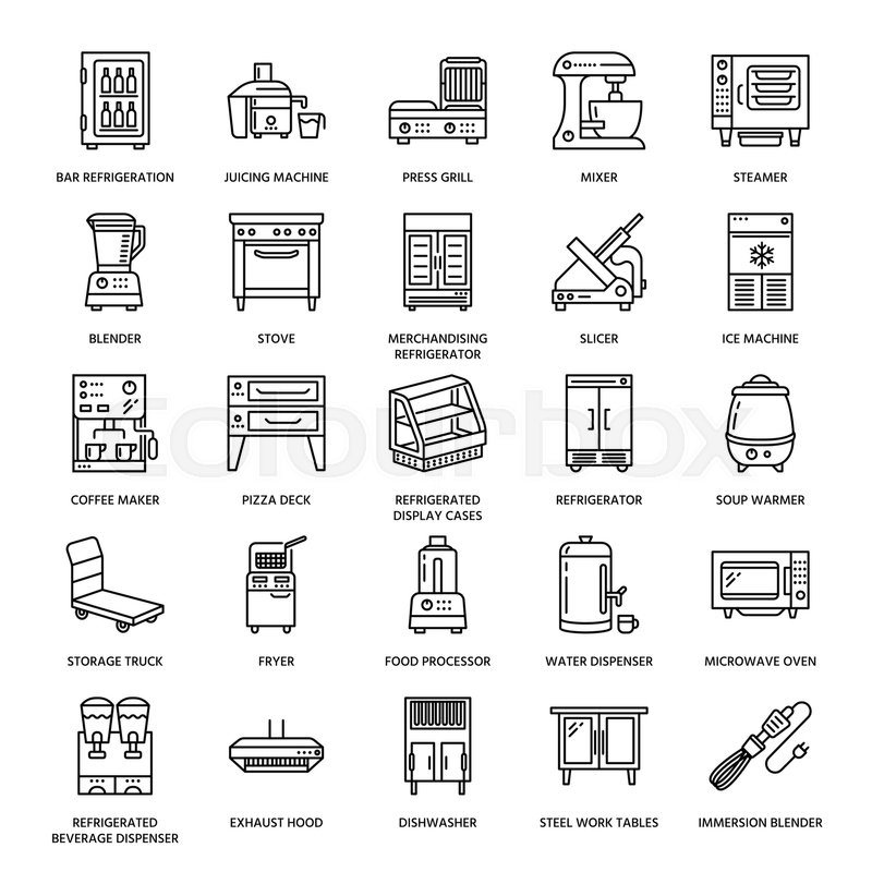 Restaurant Kitchen Refrigerator restaurant professional equipment line icons. kitchen tools, mixer Restaurant Kitchen Refrigerator restaurant professional equipment line icons. kitchen tools, mixer