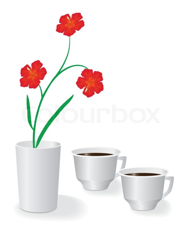 Flowers and two cups of black coffee | Stock vector | Colourbox