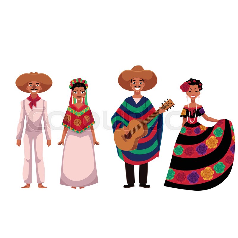 set of mexican people men and women in traditional national