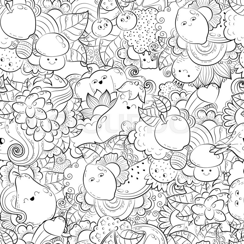 Vector Hand Drawn Funny Happy Vegetables Fruits And Berries Illustration For Adult Coloring Book Freehand Sketch Anti Stress Page