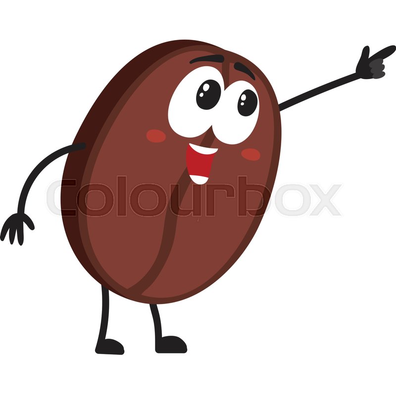 Funny Coffee Bean Character With Human Face Pointing Drawing Attention To Something Cartoon Vector Illustration Isolated On White Background Happy Funny Coffee Bean Character With Human Face Pointing Drawing Attention To Something Cartoon Vector Illustration Isolated On White Background Happy