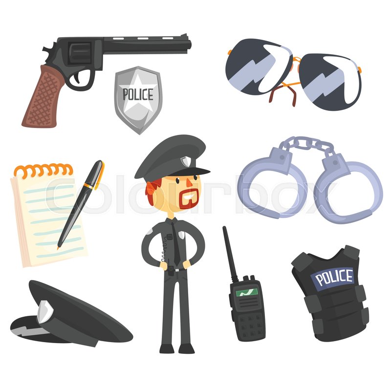Professional Policeman And His Tools, Stock vector Colourbox