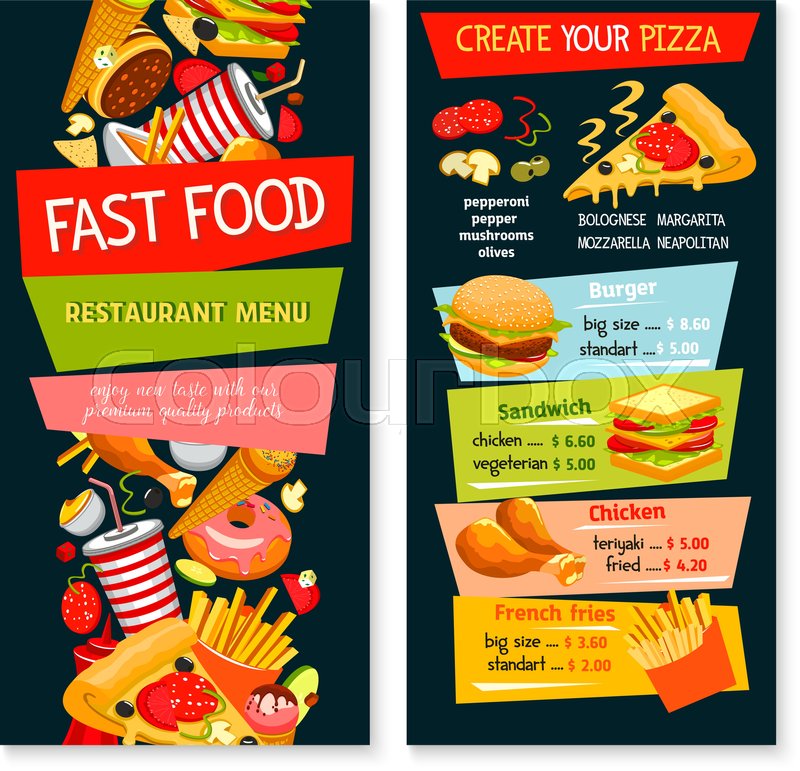 Fast food restaurant vector menu. Price template design with fastfood snacks drinks and meals of