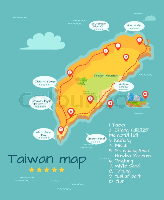 cartoon taiwan map of famous places of interest with five star rating big sightseeing tour round chinese island geographical object in pacific ocean