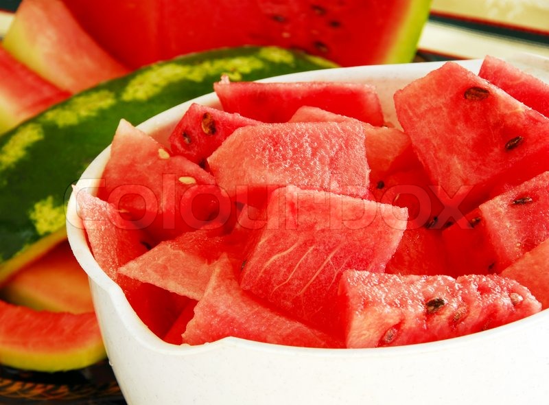 Fresh appetizing ripe red watermelon pieces in white bowl | Stock ... Fresh appetizing ripe red watermelon pieces in white bowl | Stock ...