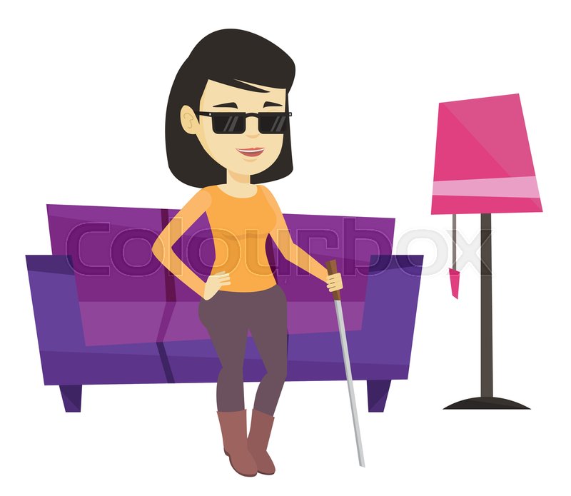 asian blind woman standing with walking stick at home blind woman