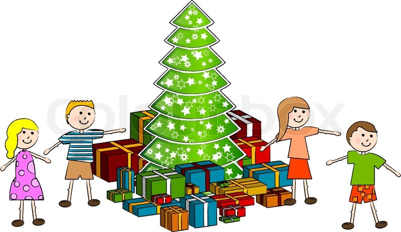 children around christmas tree with gifts stock vector children around christmas tree with gifts stock vector