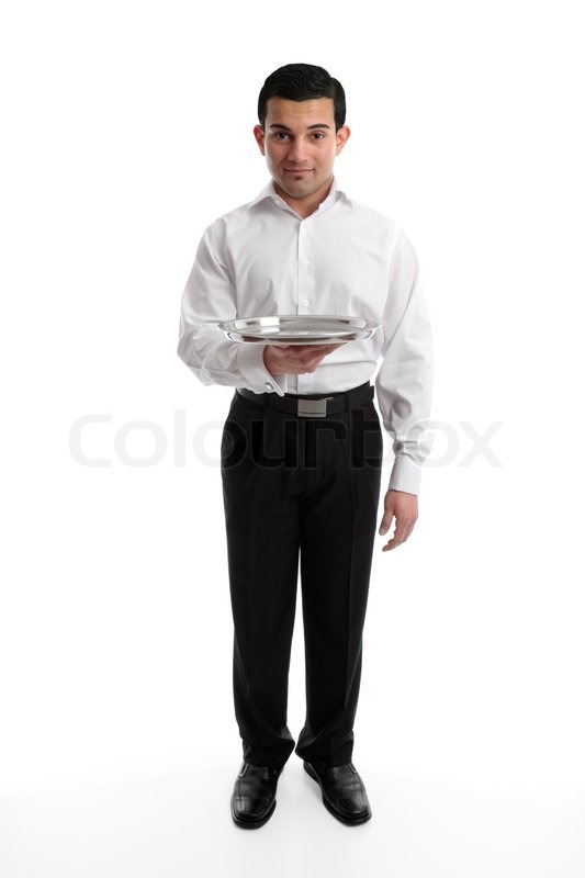 Servant Barman Or Waiter Holding An Empty Silver Tray