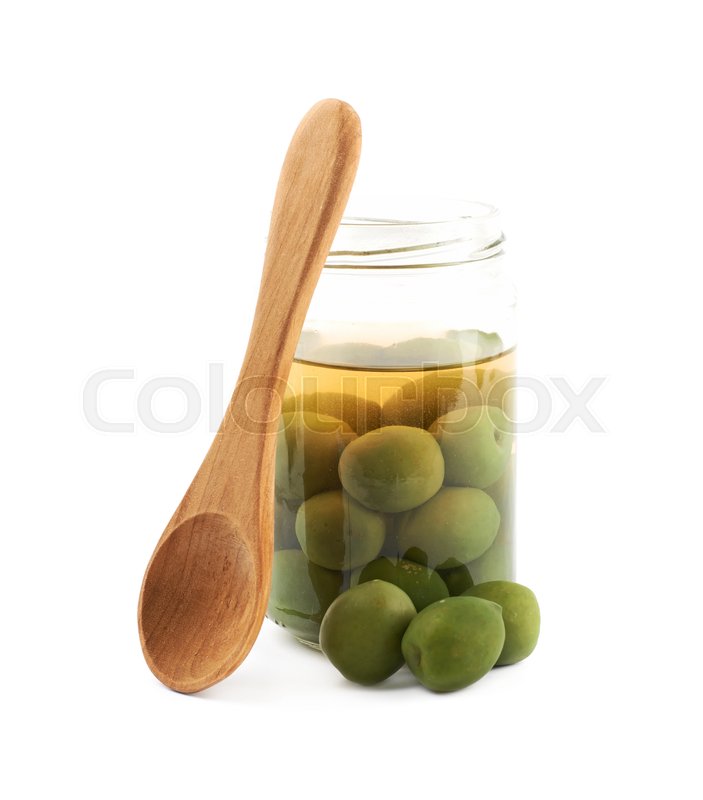 Opened jar of green olives with a Stock Photo Colourbox