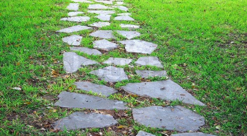 Garden Steinweg mit Gras wächst zwischen den Steinen Stockfoto