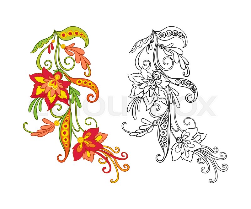 Set Of Outline And Colored Vintage Flowers Bouquet Or Pattern Coloring Page For Adult Book Vector Illustration