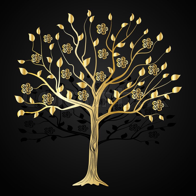Gold tree with flowers on black ... | Stock vector | Colourbox