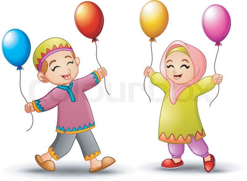 Vector Illustration Of Happy Cartoon Kid Holding Balloon To