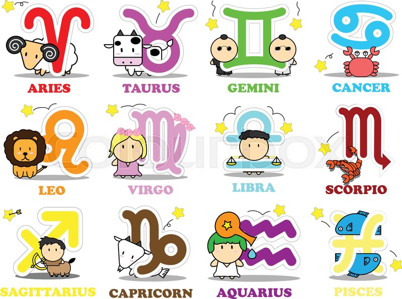 Twelve Cute Cartoon With Big Zodiac Stock Vector Colourbox