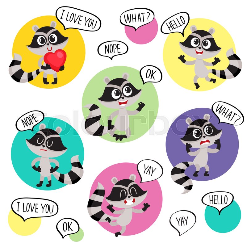 emoji emoticon stickers with cute raccoon character and speech