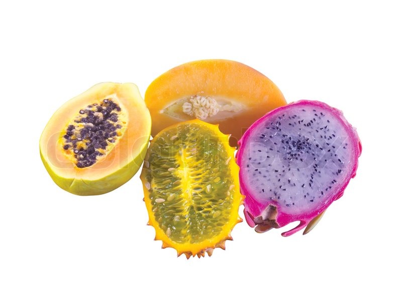 exotic and tropical juicy fruits isolated on white background