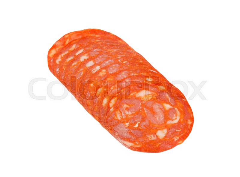 Slices of chorizo salami on white Stock image Colourbox