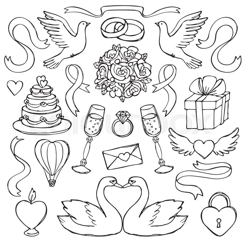 Wedding Hand Drawn Doodle Set Romantic Outline Objects For Coloring Page