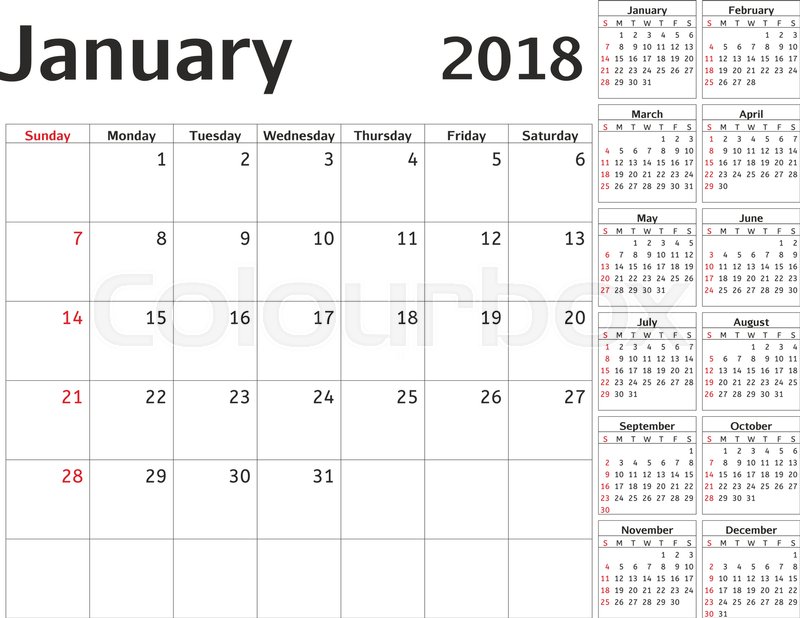 Simple Calendar Planner For 2018 Year Vector Design January