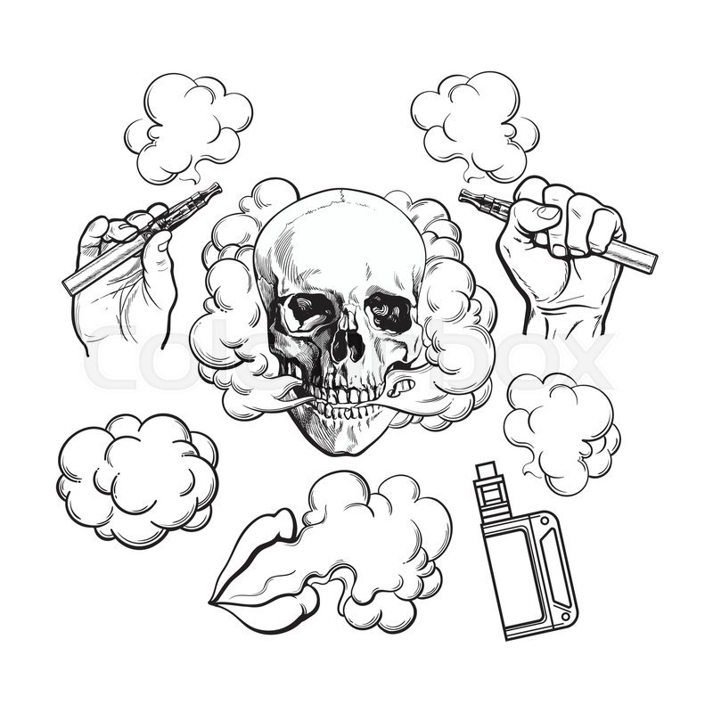vaping related elements symbols smoke skull vaporizer e cigarette black and white sketch vector illustration isolated on background