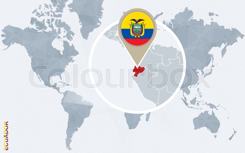 abstract blue world map with magnified ecuador ecuador flag and map vector illustration vector