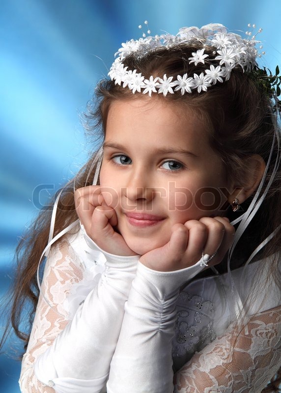 First Communion beautiful girl in white dress | Stock Photo ...