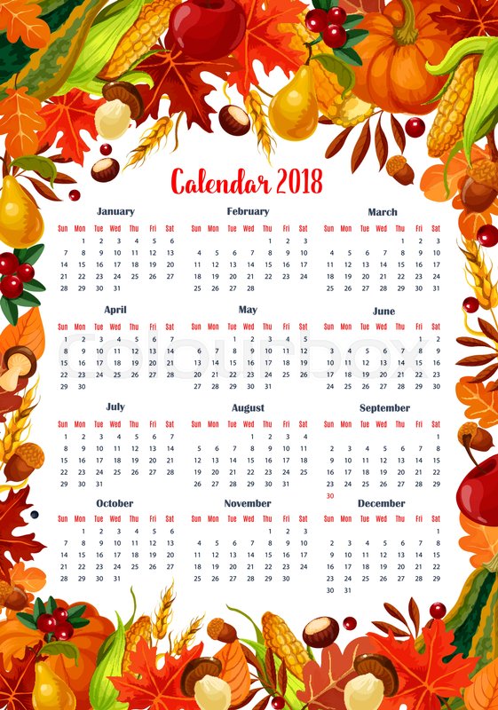 autumn seasonal calendar 2018 template vector design of maple leaf