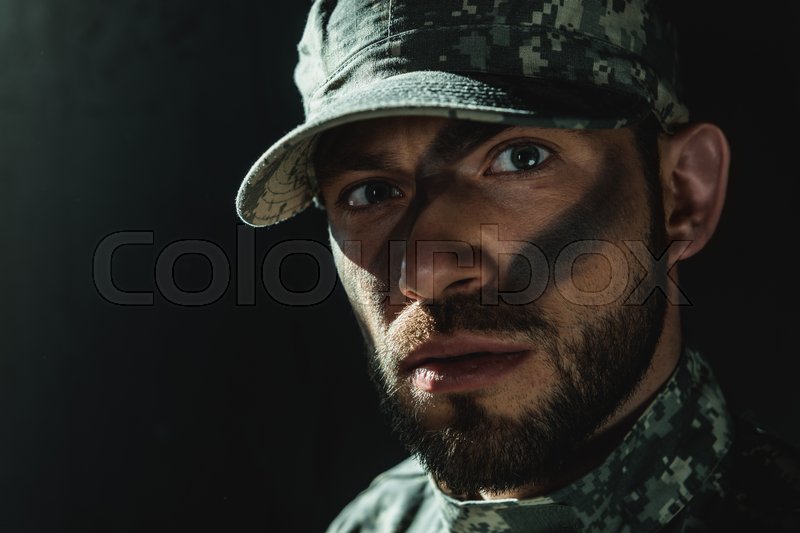 Closeup portrait of soldier with Stock image Colourbox