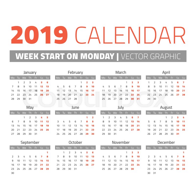 Simple 2019 year calendar, week starts   Stock Vector 