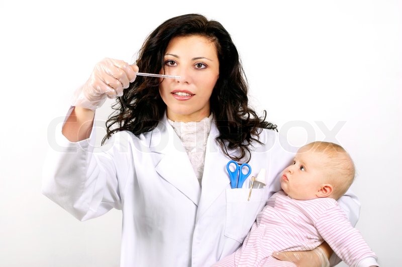 Doctor or nurse carrying a baby and reading a thermometer Stock Photo