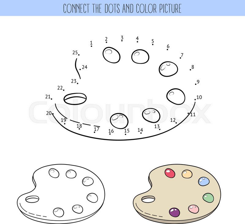 Coloring book and dot to dot educational game for kids. Connect the dots  puzzle. Worksheet for class or at home with the kids. Cartoon paint palette  | Stock vector | Colourbox