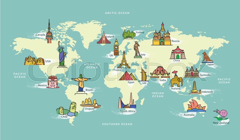 world map with landmark of famous stock vector