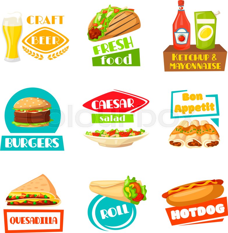 fast food and meals icons for menu template vector isolated set for