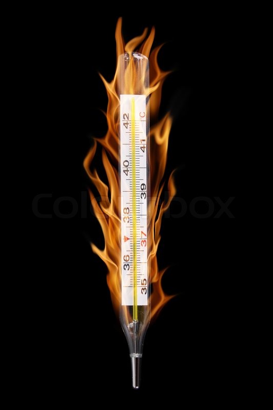 The burning medical thermometer shows temperature of 37 degrees of ...