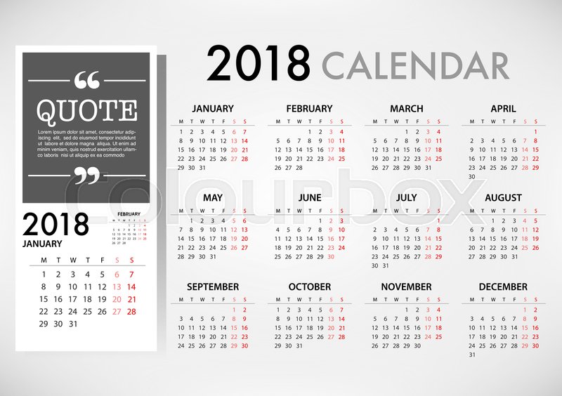 calendar for 2018 on white background for organization and business