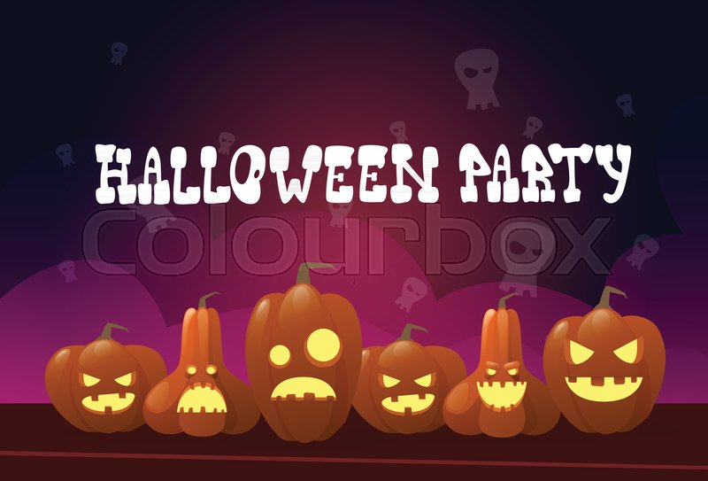 happy halloween party banner different pumpkins traditional decoration greeting card flat vector illustration stock vector colourbox