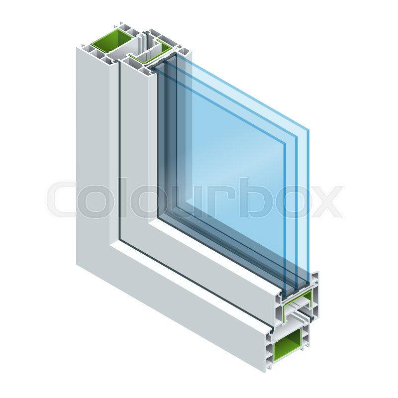 Isometric Cross Section Diagram Of A Triple Glazed Window Pane PVC Profile Laminated Wood Grain Classic White Flat Illustration