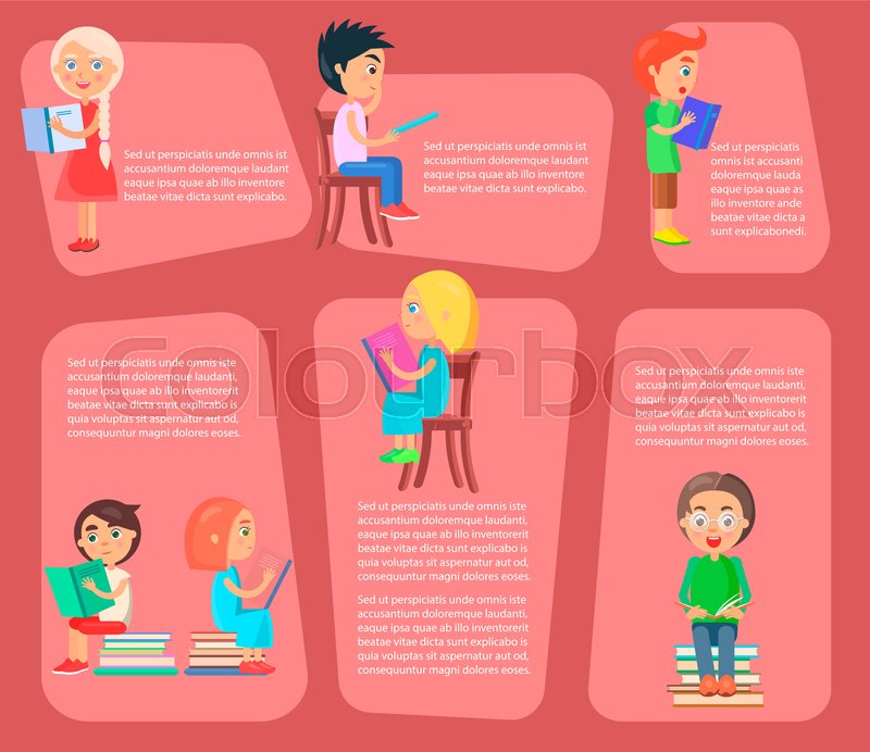 children sit on chair or pile of textbooks or stand and read books children sit on chair or pile of textbooks or stand and read books vector illustrations set with text on pink shapes as background