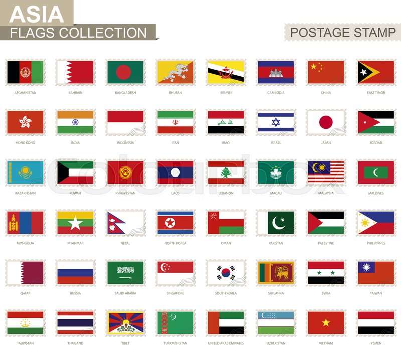 Postage stamp with Asia flags Set of  Stock Vector