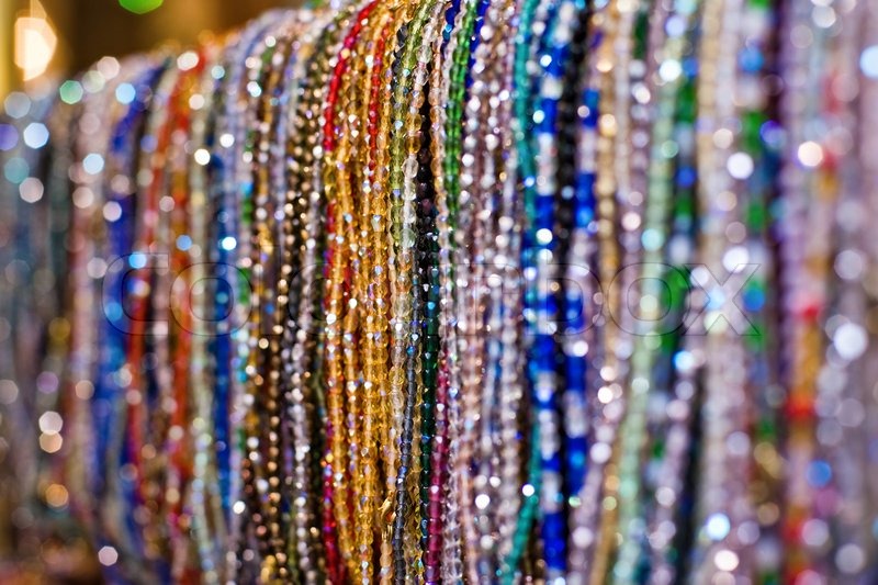 necklaces made of beads on the market of jewelry stock photo