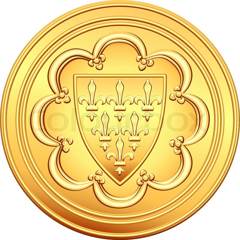 Vector gold obverse old French coin with the image of the shield