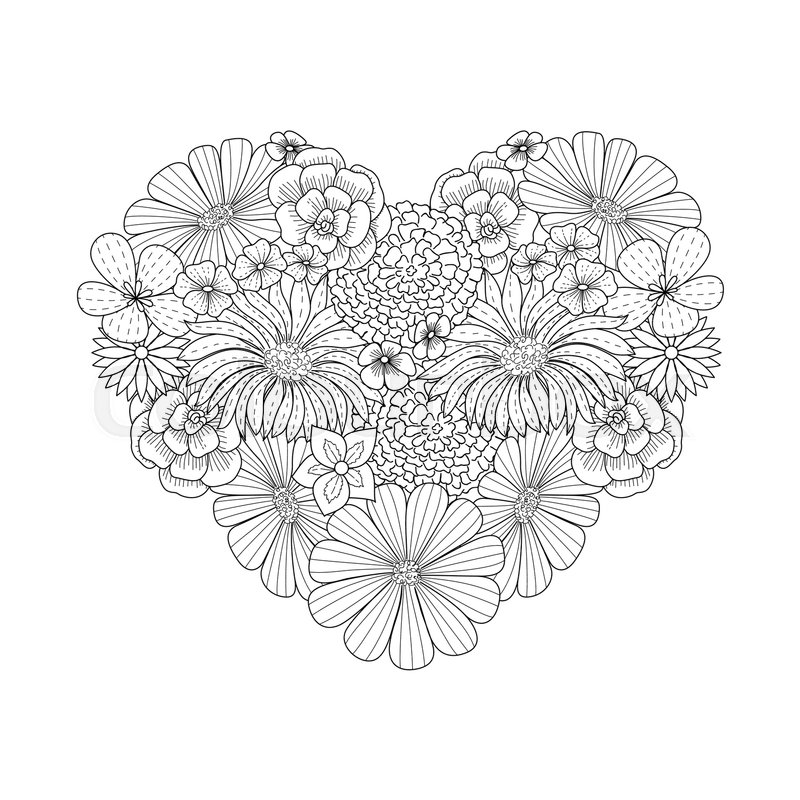 Floral Heart Shape Doodle Style Coloring Book Page Ornate Black Line Cute Valentine Day Background With Flower
