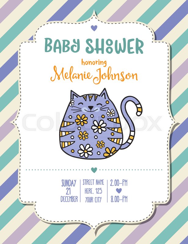 Baby Shower Card Template With Fat Doodle Cat Vector Format Stock