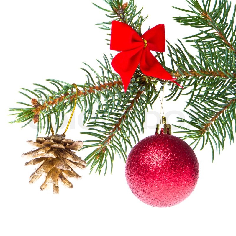 Rød juletræ kugle hængende fra gran ... | Stock foto | Colourbox